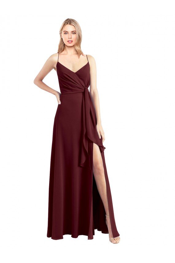 Affordable Spaghetti Straps V-Neck Long Chiffon Bridesmaid Dress with Side Slit UK
