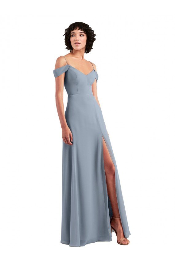Affordable Off the Shoulder Folded Sleeve Long Chiffon Bridesmaid Dress with High Side Slit UK