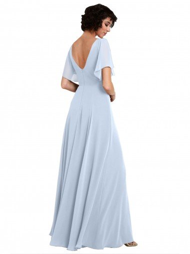 Affordable Split Flutter Sleeves V-Neck Chiffon Bridesmaid Dress with Open V-Back UK