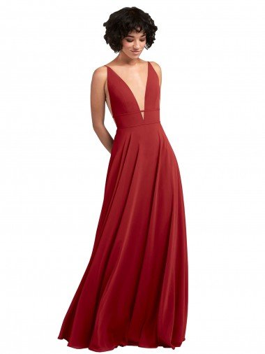 Affordable Fitted Plunging Deep V-Neck Long Chiffon Bridesmaid Dress with V-Back UK