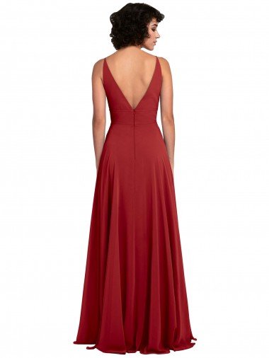 Affordable Fitted Plunging Deep V-Neck Long Chiffon Bridesmaid Dress with V-Back UK
