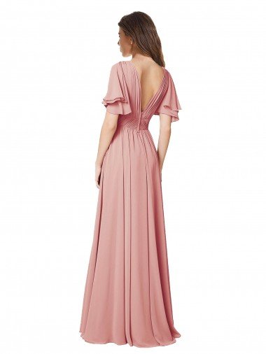 Affordable Flutter Sleeves Plunging V-Neck Boho Chiffon Bridesmaid Dress UK