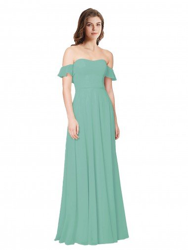 Affordable Flounce Sleeves Off the Shoulder Long Chiffon Bridesmaid Dress UK