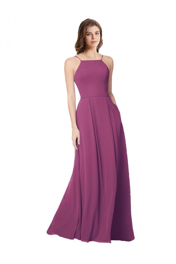 Affordable Halter Neck Long Pleated Chiffon Bridesmaid Dress with Pockets UK