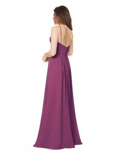 Affordable Halter Neck Long Pleated Chiffon Bridesmaid Dress with Pockets UK