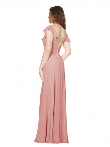 Affordable Flounced V Neckline Flutter Sleeves Chiffon Bridesmaid Dress UK