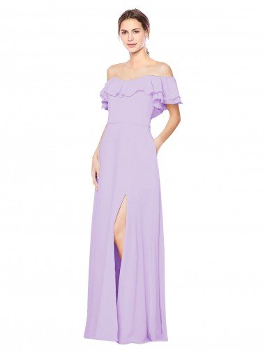 Affordable Ruffled Off the Shoulder Long Chiffon Bridesmaid Dress with Slit UK