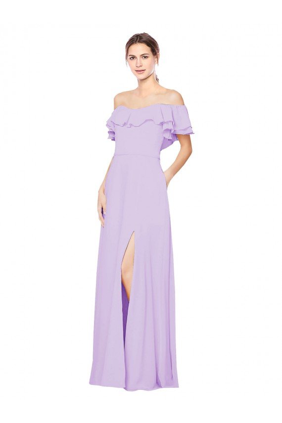 Affordable Ruffled Off the Shoulder Long Chiffon Bridesmaid Dress with Slit UK