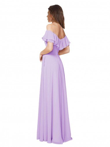 Affordable Ruffled Off the Shoulder Long Chiffon Bridesmaid Dress with Slit UK