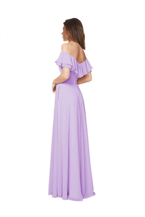 Affordable Ruffled Off the Shoulder Long Chiffon Bridesmaid Dress with Slit UK