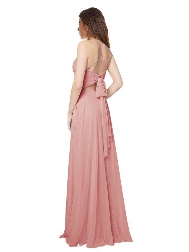Affordable Open Back Wide Tie Band Long Chiffon Bridesmaid Dress with Pockets UK