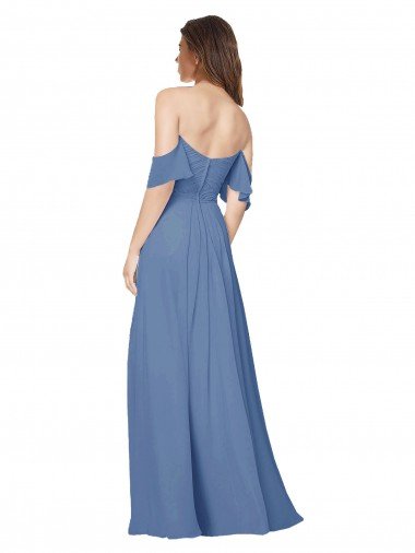 Affordable Flutter Sleeves Scoop Neck Off the Shoulder Long Chiffon Bridesmaid Dress UK