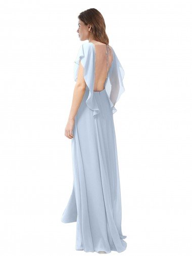 Affordable Flutter Sleeves Long Chiffon Bridesmaid Dress with Daring Open Back and Side Slit UK