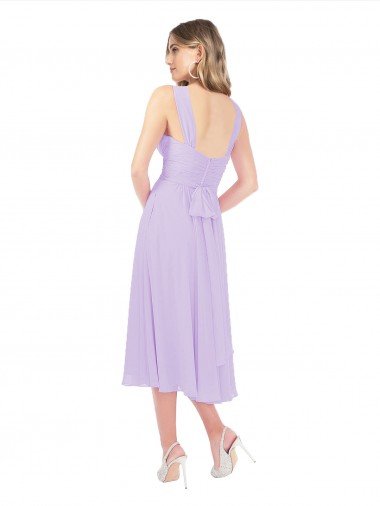 Affordable Draped Midi Length Chiffon Cocktail Bridesmaid Dress with Ruched Bodice UK