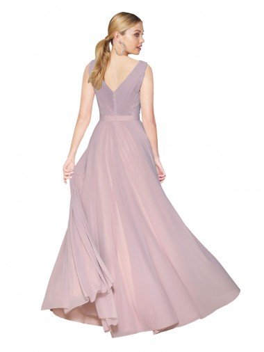 Affordable Draped V-Neck Long Chiffon Bridesmaid Dress / Formal Prom Dress with Shirred Bodice UK