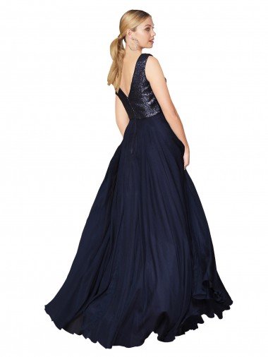 Affordable High Neck V-Neck Long Chiffon Bridesmaid Dress / Prom Dress with Sequin Top UK