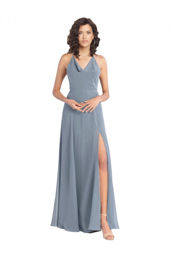 Affordable Slim A-Line Cowl Neck Long Chiffon Bridesmaid Dress with Side High Slit UK