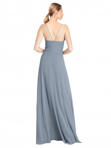 Affordable Spaghetti Straps V-Neckline Long Chiffon Bridesmaid Dress with High Slit UK