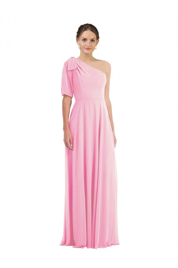 Affordable Bow One Shoulder Flounce Sleeve Maxi Bridesmaid Dress UK