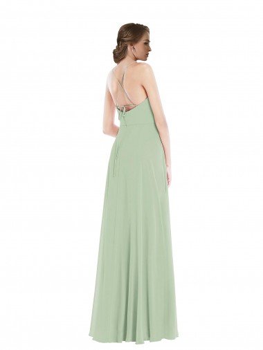 Affordable Scoop Neck Tie Strap Maxi Bridesmaid Dress with Front Slit UK