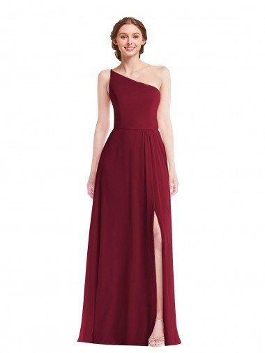 Affordable One Shoulder Chiffon Maxi Bridesmaid Dress with Shirred Front Slit UK