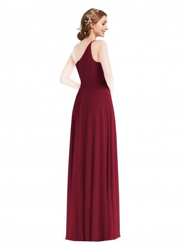 Affordable One Shoulder Chiffon Maxi Bridesmaid Dress with Shirred Front Slit UK