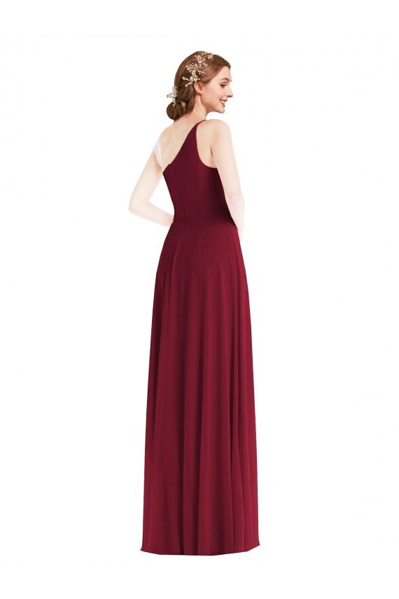 Affordable One Shoulder Chiffon Maxi Bridesmaid Dress with Shirred Front Slit UK