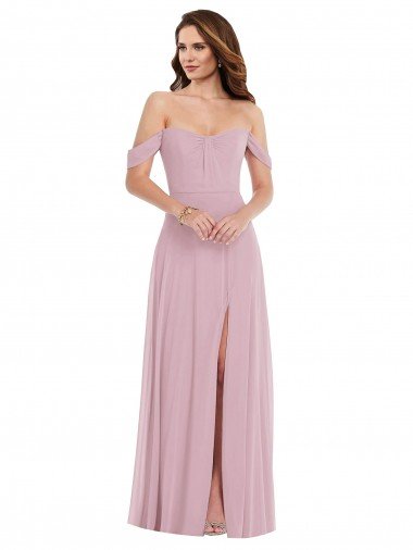 Affordable Off the Shoulder Draped Sleeve Maxi Bridesmaid Dress with Front Slit UK