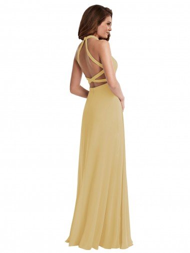 Affordable Stand Collar Halter Maxi Bridesmaid Dress with Criss Cross Open Back UK