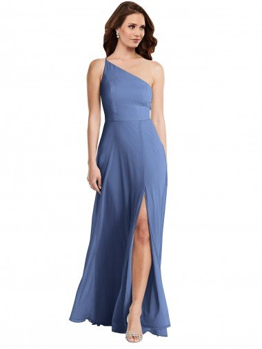 Affordable One Shoulder Full Length Maxi Formal Bridesmaid Dress with Flirty Slit UK