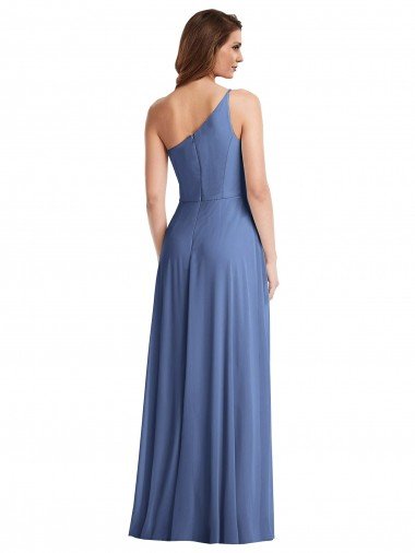 Affordable One Shoulder Full Length Maxi Formal Bridesmaid Dress with Flirty Slit UK