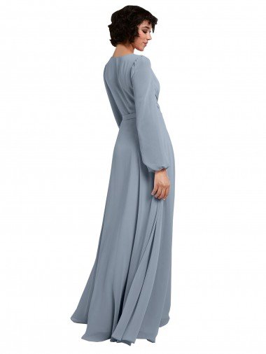 Affordable Wrap Style Long Sleeves Chiffon Bridesmaid Dress with Pleated Bodice UK