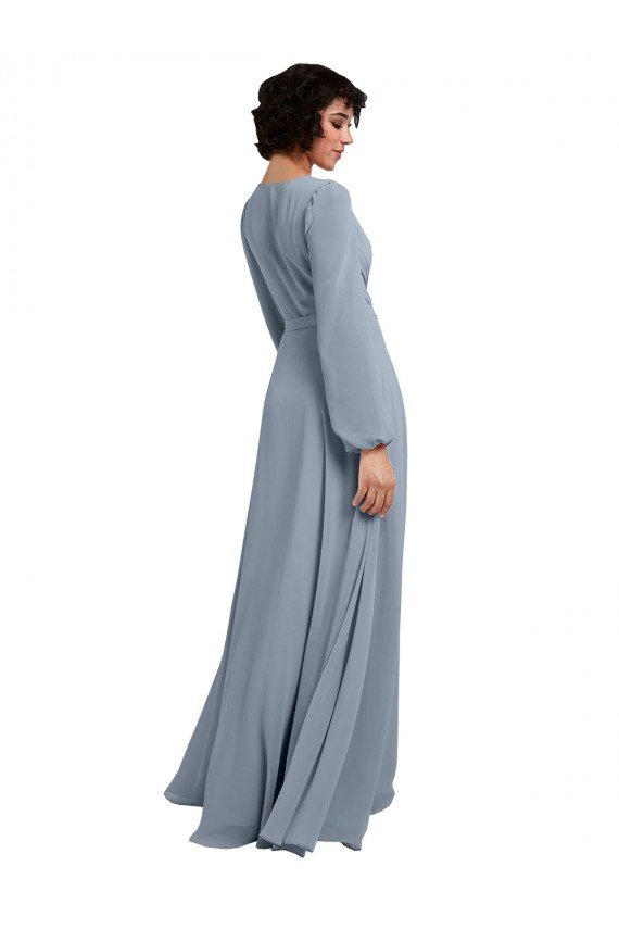 Affordable Wrap Style Long Sleeves Chiffon Bridesmaid Dress with Pleated Bodice UK
