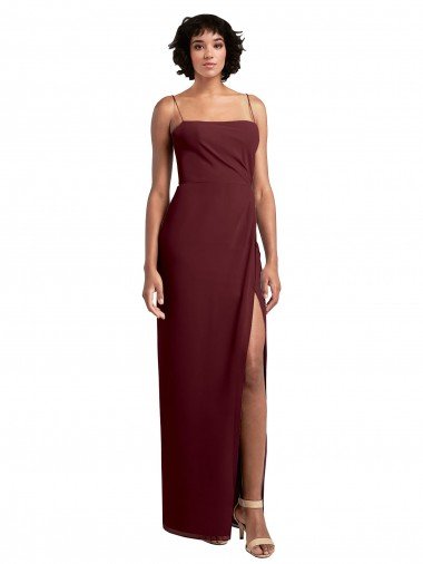 Affordable Sleek Straight Neckline Chiffon Bridesmaid Dress with Spaghetti Straps and High Side Slit UK
