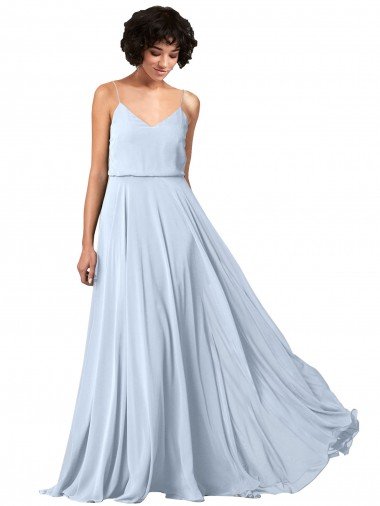 Affordable V-Neck Blouson Waist Long Chiffon Bridesmaid Dress with Straps UK