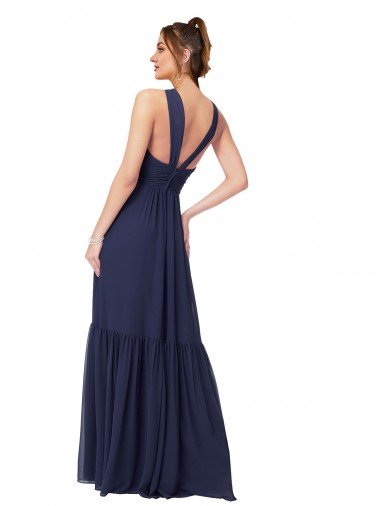 Affordable Floor Length Deep V-Neck Ruched Chiffon Long Bridesmaid Dress UK