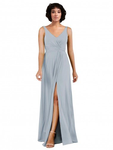 Affordable V-Neckline Wrapped Chiffon Bridesmaid Dress with Skirt Slit UK