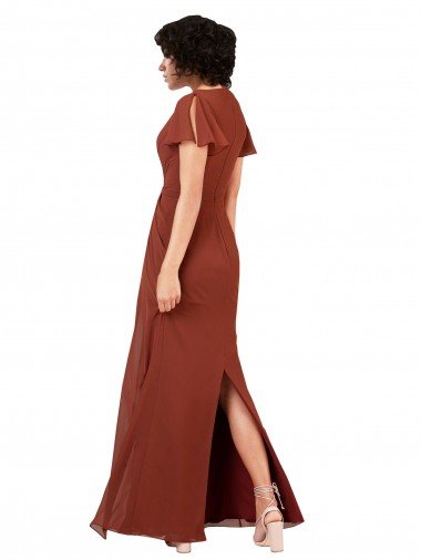 Affordable Deep V-Neckline Chiffon Bridesmaid Dress with Flutter Sleeves UK