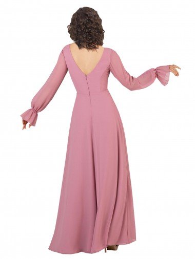 Affordable Long Sleeve Chiffon Bridesmaid Dress with Bow Detail UK