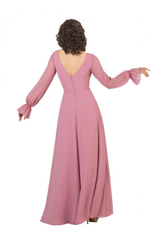Affordable Long Sleeve Chiffon Bridesmaid Dress with Bow Detail UK