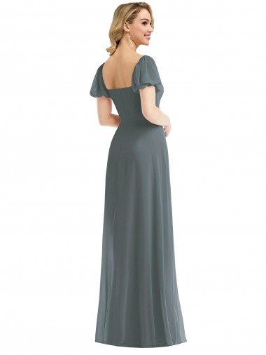 Affordable Puff Sleeves Chiffon Maxi Bridesmaid Dress with Front Slit UK