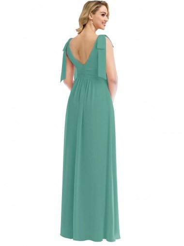 Affordable Plunge Neckline Bow Shoulder Chiffon Maxi Bridesmaid Dress UK