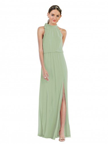 Affordable High Neck Scarf Tie Blouson Bodice Maxi Bridesmaid Dress with Front Slit UK