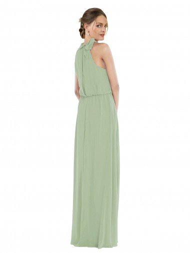 Affordable High Neck Scarf Tie Blouson Bodice Maxi Bridesmaid Dress with Front Slit UK