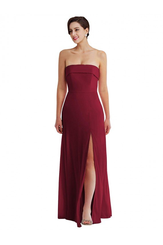 Affordable Cuffed Strapless Maxi Formal Bridesmaid Dress with Front Slit UK