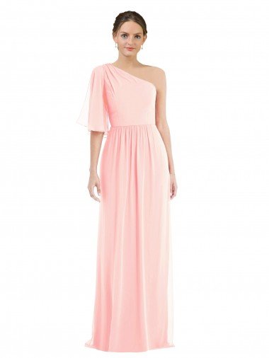 Affordable One Shoulder Bell Sleeves Chiffon Maxi Bridesmaid Dress UK
