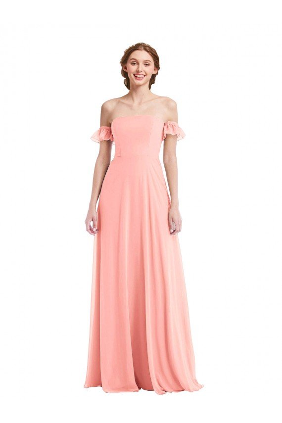 Affordable Off the Shoulder Ruffle Cuff Sleeve Chiffon Maxi Bridesmaid Dress UK