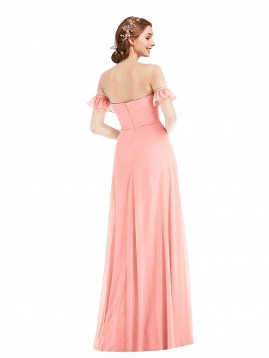 Affordable Off the Shoulder Ruffle Cuff Sleeve Chiffon Maxi Bridesmaid Dress UK