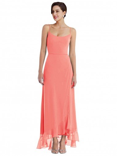 Affordable Scoop Neck Ruffle Trimmed High Low Maxi Bridesmaid Dress UK