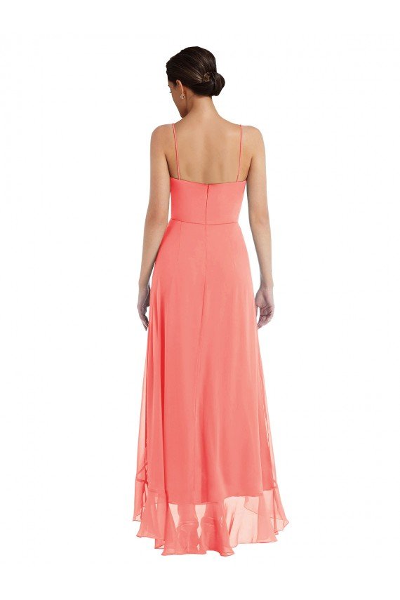 Affordable Scoop Neck Ruffle Trimmed High Low Maxi Bridesmaid Dress UK